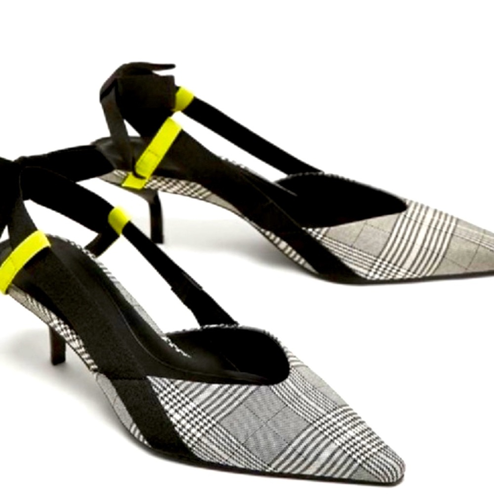 Zara bow kitten heels, plaid slingback bow shoes are 38 size, good condition